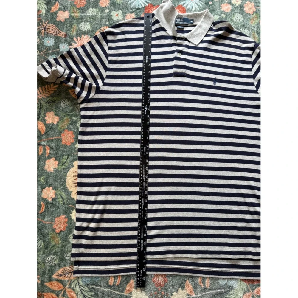Polo Ralph Lauren Men XXL Striped Polo Shirt Navy Grey Short Sleeve Cotton Pique